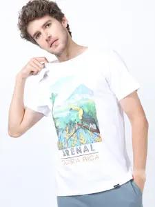 HIGHLANDER Men White & Blue Printed Slim Fit Cotton T-shirt