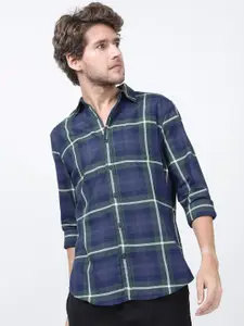 HIGHLANDER Men Navy Blue Slim Fit Windowpane Checks Checked Casual Shirt