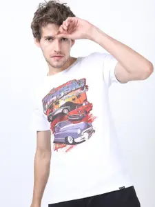 HIGHLANDER Men White Printed Slim Fit Cotton T-shirt