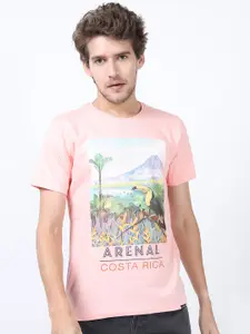 HIGHLANDER Men Pink Printed Slim Fit Cotton T-shirt