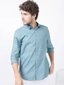HIGHLANDER Men Sea Green Slim Fit Printed Cotton Casual Shirt