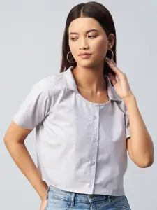 CHIMPAAANZEE Women Grey Relaxed Boxy Crop Casual Shirt