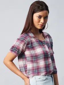CHIMPAAANZEE Women Purple & White Relaxed Boxy Tartan Checked Casual Shirt