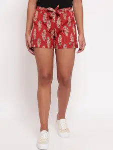 Aawari Women Red Floral Printed High-Rise Cotton Shorts