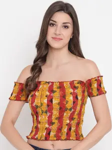 Aawari Women Yellow & Red Geometric Print Off-Shoulder Cotton Bardot Crop Top