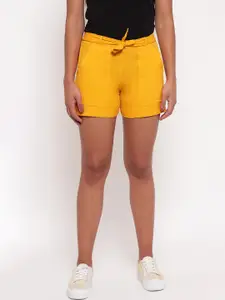 Aawari Women Mustard High-Rise Cotton Shorts