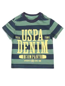 U.S. Polo Assn. U S Polo Assn Boys Green & Navy Blue Typography Striped Pure Cotton T-shirt
