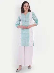 SUTI Green & White Geometric Printed Pure Cotton Kurti