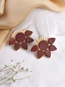 TEEJH Gold-Toned & Maroon Floral Studs Earrings