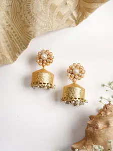 TEEJH Gold-Plated White Beaded Dome Shaped Jhumkas Earrings