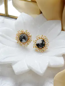 TEEJH Gold-Plated & Black Brass Circular Studs Earrings