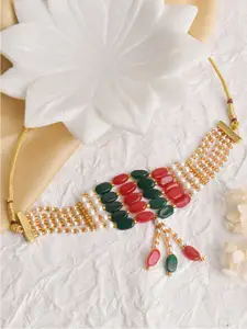 TEEJH Gold-Plated & Red Layered Necklace