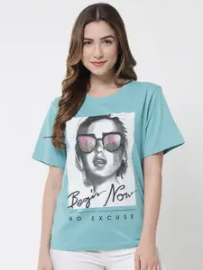 The Dry State Women Turquoise Blue Graphic Printed Cotton Oversized T-shirt