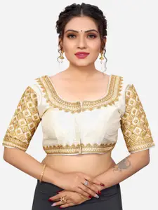 SIRIL Women White & Gold Embroidered Silk Readymade Saree Blouse