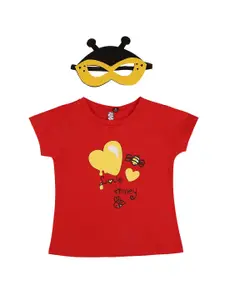 Actuel Girls Red Printed T-shirt with Mask