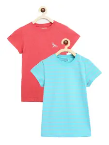Campana Girls Set of 2 Turquoise Blue & Coral Striped Cotton T-shirt