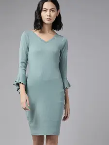 The Roadster Lifestyle Co. Women Sea Green Solid Bell Sleeve Sheath Dress