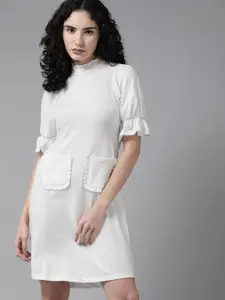Roadster White Solid Ruffle Pocket Detail A-Line Dress