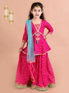 pspeaches Girls Magenta & Blue Printed Ready to Wear Lehenga & Blouse With Dupatta