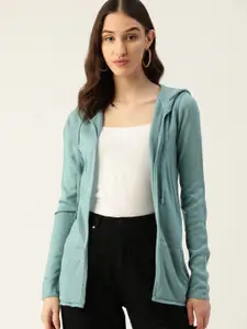 DressBerry Women Turquoise Blue Solid Front-Open Sweater