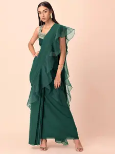 INDYA Green Solid Pre Draped Saree