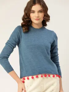 DressBerry Women Blue Solid Pullover With Pom-Pom Hem Detail