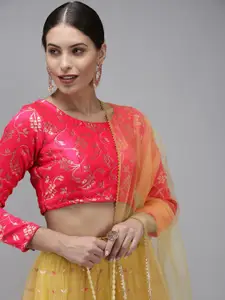 DIVASTRI Yellow & Pink Thread Work Ready to Wear Lehenga & Unstitched Blouse With Dupatta