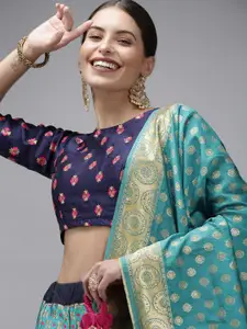 DIVASTRI Navy Blue & Turquoise Ready to Wear Lehenga & Unstitched Blouse With Dupatta