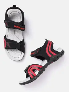 Woodland Woodland Men Black & Red Striped & Perforated Detail Light Weight Sports Sandals