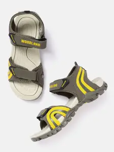 Woodland Men Olive Green & Yellow Striped & Perforated Detail Light Weight Sports Sandals