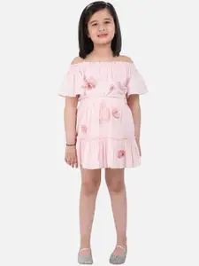 One Friday Girls Pink Solid Above Knee Pure Cotton Flared Skirt With Applique Detail