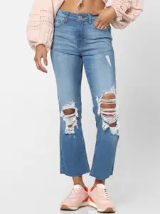 ONLY Women Blue Flared High-Rise Highly Distressed Heavy Fade Jeans