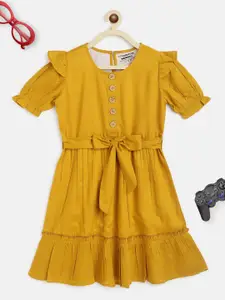 Lil Tomatoes Girls Mustard Yellow Solid Fit and Flare Dress