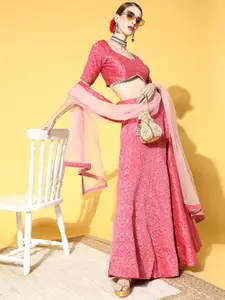 Inddus Pink Woven Design Semi-stitched Lehenga Choli With Dupatta