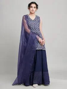 W The Folksong Collection Women Blue Printed Linen Kurti with Skirt & With Dupatta