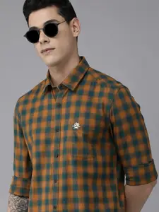 U.S. Polo Assn. Denim Co. Denim Co Men Orange & Green Slim Fit Checked Pure Cotton Casual Shirt