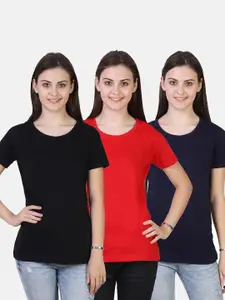 Fleximaa Women Pack of 3 Black & Red Solid Cotton T-shirt