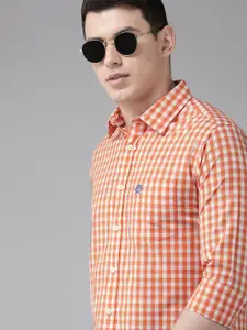 U.S. Polo Assn. Men Orange Tailored Fit Checked Pure Cotton Casual Shirt