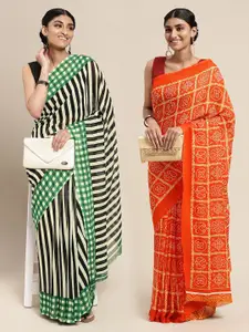 KALINI Pack of 2 Orange & Green Printed Saree