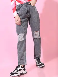 Tokyo Talkies Women Grey Straight Fit Highly Distressed Heavy Fade Jeans