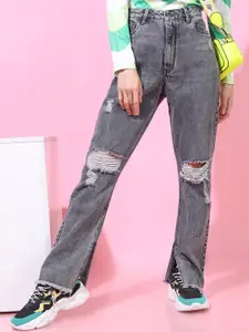 Tokyo Talkies Women Grey Straight Fit Highly Distressed Heavy Fade Jeans