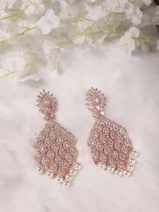 RITU SINGH Rose Gold Plated CZ Studded Contemporary Drop Earrings