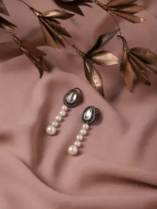 RITU SINGH White & Grey Rhodium Plated Contemporary Drop Earrings