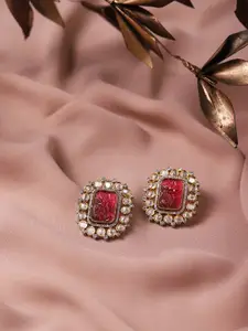 RITU SINGH Rhodium-Plated Red Square Studs Earrings