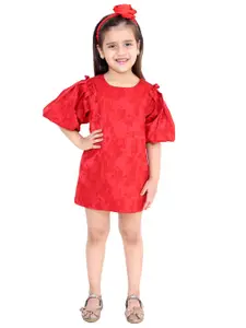 KidsDew Girls Red Jacquard A-Line Dress