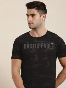 Moda Rapido Men Black & Olive Green Camouflage And Typography Printed Pure Cotton T-shirt