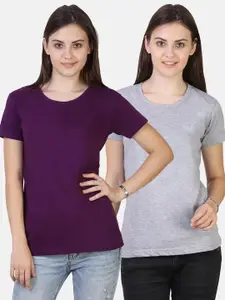 Fleximaa Women Purple & Grey Melange 2 Raw Edge T-shirt