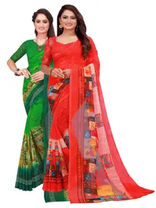 SAADHVI Pack of 2 Red & Green Printed Saree