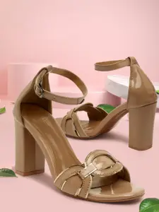 Bruno Manetti Nude-Coloured Embellished PU Block Sandals with Buckles