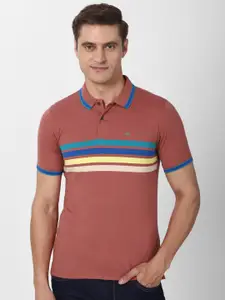 Peter England Casuals Men Rust Striped Polo Collar T-shirt